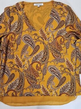 Rose & Olive Blouse Womens Large Mustard Yellow Orange Paisley Floral Boho Chic